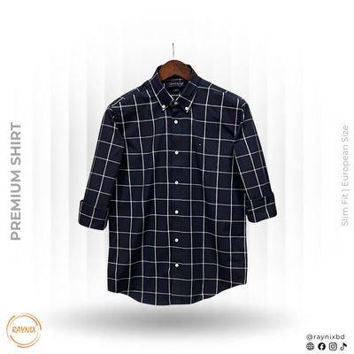 Tommy Hilfiger Men’s Premium Navy Windowpane Slim-Fit Casual Shirt_img_0