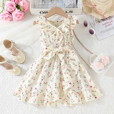 Imported 🌼 Girls’ Summer Beige Floral Dress – Lotus Collar with Belt_img_0