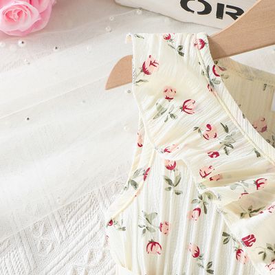 Imported 🌼 Girls’ Summer Beige Floral Dress – Lotus Collar with Belt_img_2