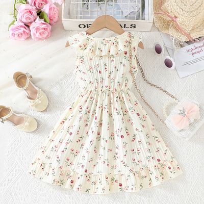 Imported 🌼 Girls’ Summer Beige Floral Dress – Lotus Collar with Belt_img_4