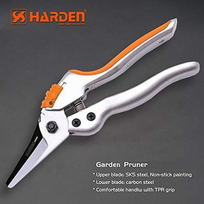HARDEN 8" Professional Garden Pruner, Forged of SK5 Steel, Comfortable TPR Handle, Large Spring & Plastic Lock, Anti-Touch Design; 630405_img_2