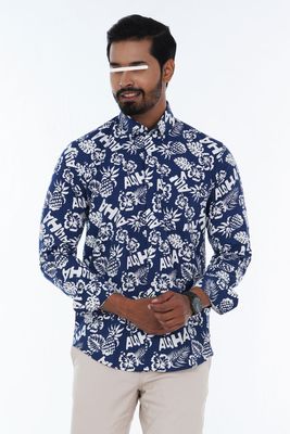 Men Casual Full Shirt Navy Blue & White Floral Print Slim-Fi | 100% Cotton| Long Sleeve | Palli_img_0