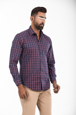 Slim Fit Navy & Red Plaid Cotton Men Casual Full Shirt | Palli_img_0