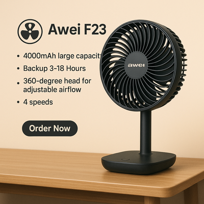 Awei F23 Portable Desk Fan (4000mAh)- Black Color_img_0