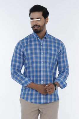 Men Casual Full Shirt Slim Fit Blue Checkered Cotton Shirt – Button-Down Style | Palli_img_1
