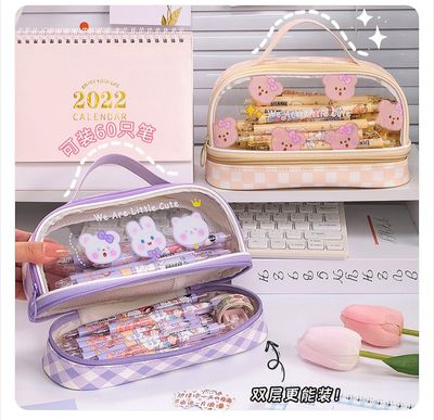 Large capacity double-layer transparent pencil case Japanese style_img_1