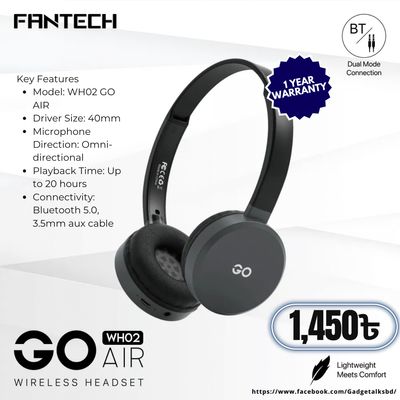 Fantech WH02 GO AIR Bluetooth Wireless Headphone – Black Color_img_0