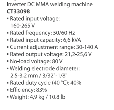 CROWN Professional Inverter DC MMA Welding Machine, 160-265V, 30-140A, 2.5-3.2mm; CT33098_img_2