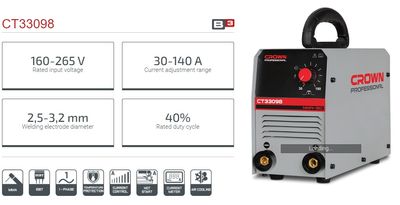CROWN Professional Inverter DC MMA Welding Machine, 160-265V, 30-140A, 2.5-3.2mm; CT33098_img_7