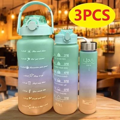 3-Piece Set with Time Graduated Space Cup Gradient Water Cup High Capacity Portable Plastic Cups Outdoor Travel Gym Bottles Water Bottles_img_4