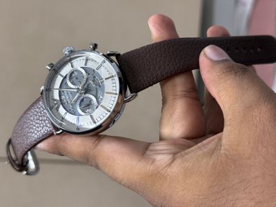 ARMANI OVAL GLASS SILVER CASE WHITE DIAL BROWN BELT