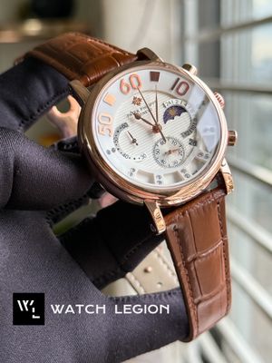 PATEK TRI DIGIT ROSE GOLD CASE WHITE DIAL BROWN BELT_img_1