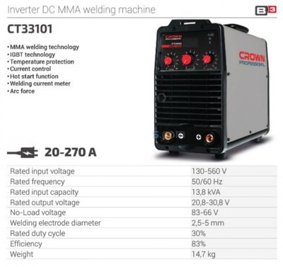 CROWN Professional Inverter DC MMA Welding Machine, 130-560V, 20-270A, 2.5-5mm; CT33101_img_4