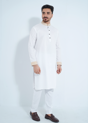 FlexTone Premium Quality Embroidery Panjabi/ Color>White