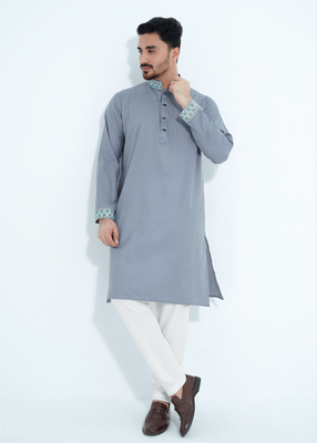 FlexTone Premium Quality Embroidery Panjabi/ Color>Ash
