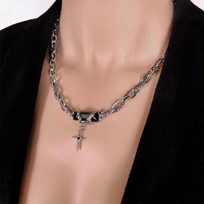 Black Gemstone Titanium Steel Necklace_img_0