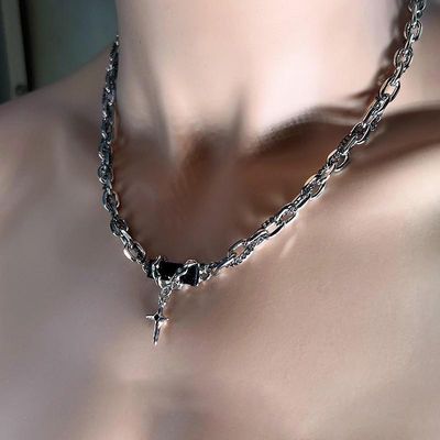 Black Gemstone Titanium Steel Necklace_img_1