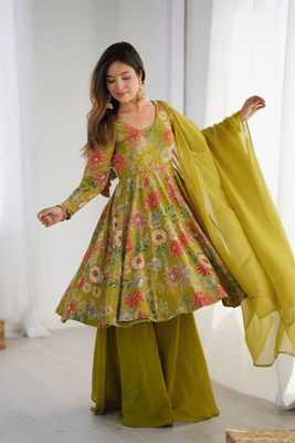 Summer Collection Kediya style Kurti, Plazzo and Dupatta set. olive colour