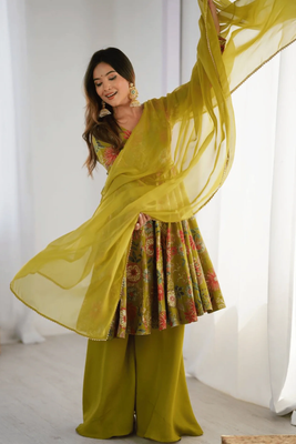 Summer Collection Kediya style Kurti, Plazzo and Dupatta set. olive colour_img_3