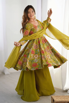 Summer Collection Kediya style Kurti, Plazzo and Dupatta set. olive colour_img_2
