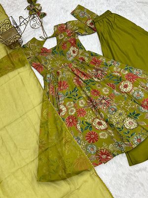 Summer Collection Kediya style Kurti, Plazzo and Dupatta set. olive colour_img_4