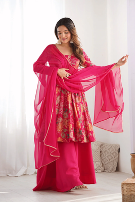 Summer Collection Kediya style Kurti, Plazzo and Dupatta set, rani Golapi_img_1