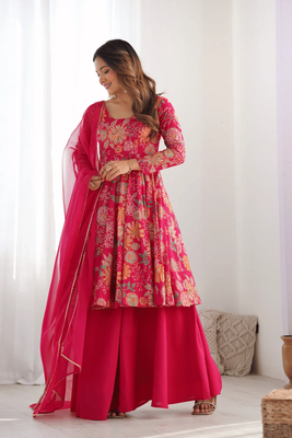 Summer Collection Kediya style Kurti, Plazzo and Dupatta set, rani Golapi_img_2