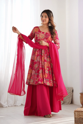 Summer Collection Kediya style Kurti, Plazzo and Dupatta set, rani Golapi_img_4