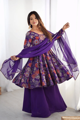 Summer Collection Kediya style Kurti, Plazzo and Dupatta set. purple colour