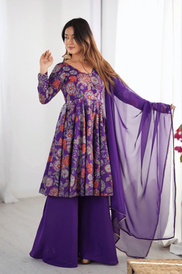 Summer Collection Kediya style Kurti, Plazzo and Dupatta set. purple colour_img_4