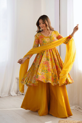 Summer Collection Kediya style Kurti, Plazzo and Dupatta set. yellow colour