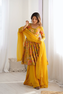 Summer Collection Kediya style Kurti, Plazzo and Dupatta set. yellow colour_img_2