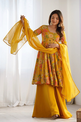 Summer Collection Kediya style Kurti, Plazzo and Dupatta set. yellow colour_img_1