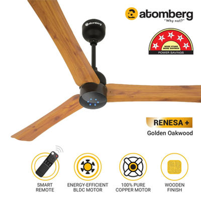 Atomberg Renesa+ 56" 35 Watt BLDC motor Energy Saving Anti-Dust Speed Indicator Light Ceiling Fan with Remote Control (Golden OakWood)_img_1