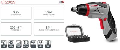 Crown 3.6v Cordless Screwdriver with 31pcs bit set, 1.3Ah, Chuck : 6.35mm, Max. Torque: 3N.m, Model:CT22025_img_3