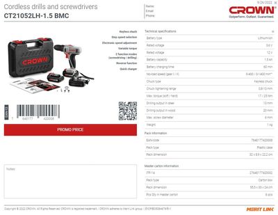 CROWN Professional Cordless Drill/Screwdriver, 12V, 1.5Ah, 10mm, 25N.m; With 2pcs Battery & Charger; Model: CT21052_img_4