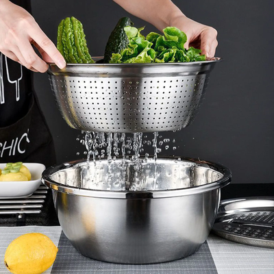 3-in-1 Stainless Steel Vegetable Cutter with Drain Basket Easy Food Prep for Southeast Asian Buyers Grater Basin for Fruits Vegetables_img_0