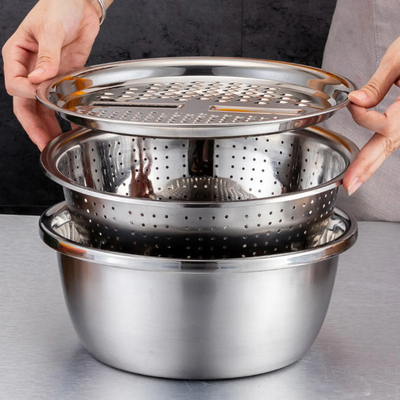 3-in-1 Stainless Steel Vegetable Cutter with Drain Basket Easy Food Prep for Southeast Asian Buyers Grater Basin for Fruits Vegetables_img_5