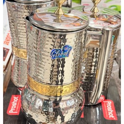 Craft Stainless Steel Water jug Hammer with Brass Plating Handle lid Strip Fancy Design 2Litres_img_0
