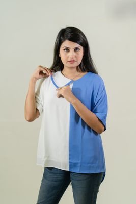 Trendy Blue & White Color-Block Top_img_2