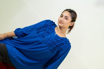 Elegant Blue Ruffled Button-Down Top_img_2