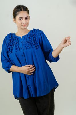 Elegant Blue Ruffled Button-Down Top_img_1