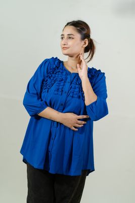 Elegant Blue Ruffled Button-Down Top_img_4
