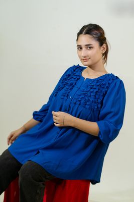Elegant Blue Ruffled Button-Down Top_img_3
