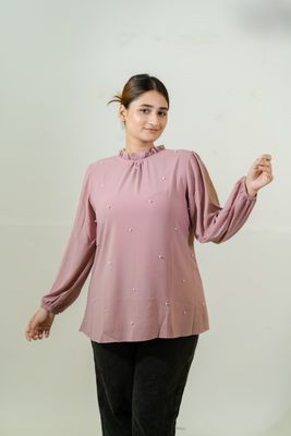 Elegant Pink Ruffled Top with Pearl Details_img_6