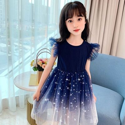 Imported 🌌 Starry Sky Gradient Princess Dress – Girls' Summer Short Sleeve Veil_img_0