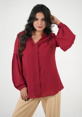 Elegant Red V-Neck Long Sleeve Top_img_1