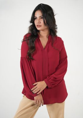 Elegant Red V-Neck Long Sleeve Top_img_0