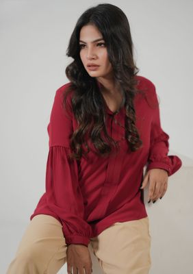 Elegant Red V-Neck Long Sleeve Top_img_2