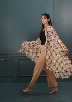 Floral Checkered Kimono - Beige & Brown_img_1